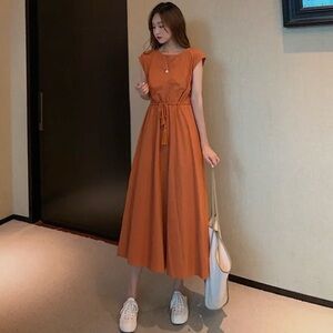 NWT Orange Cotton Round Neck drawstring waist shirt sleeve Midi Dress Large